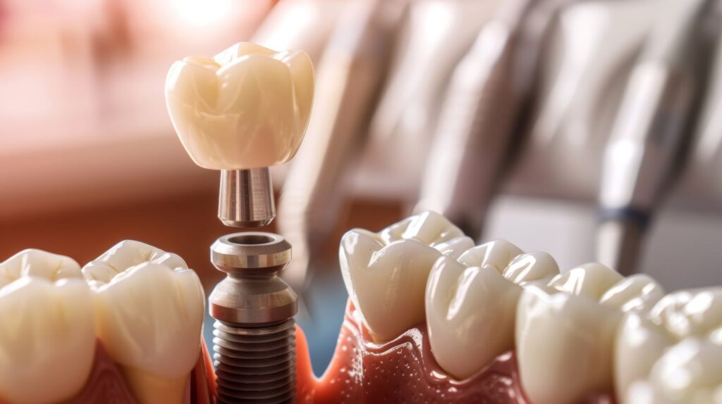 A model of a jaw with a dental implant.